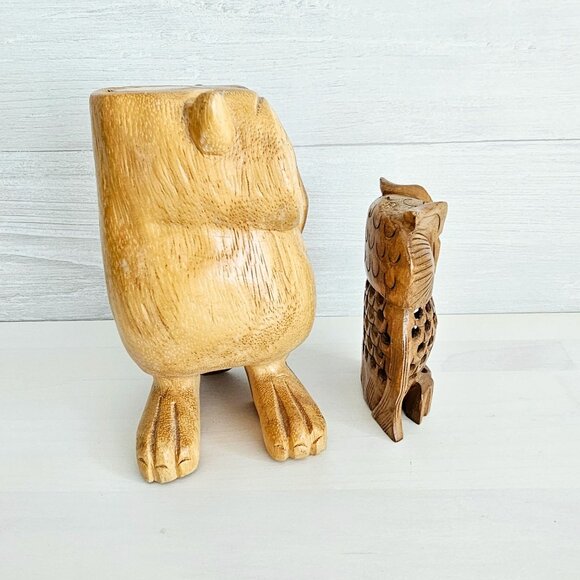Set Of Two Carved Wooden Owls - Picture 3 of 10